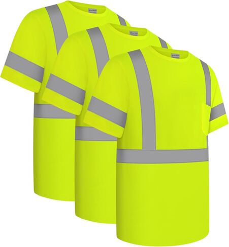 قمصان Hi Vis للرجال، قمصان عالية الوضوح من فئة البناء 2 للرجال، قمصان Hi Vis عاكسة للسلامة للرجال والنساء، قمصان عمل قصيرة الأكمام بجزء سفلي أسود، أصفر مقاس XL، 3 قطع in Kuwait