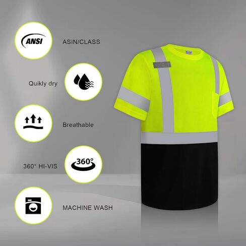 قمصان Hi Vis للرجال، قمصان عالية الوضوح من فئة البناء 2 للرجال، قمصان Hi Vis عاكسة للسلامة للرجال والنساء، قمصان عمل قصيرة الأكمام بجزء سفلي أسود، أصفر مقاس XL، 3 قطع in Kuwait