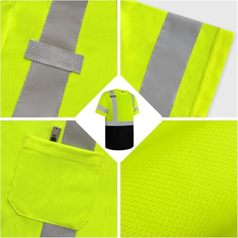 قمصان Hi Vis للرجال، قمصان عالية الوضوح من فئة البناء 2 للرجال، قمصان Hi Vis عاكسة للسلامة للرجال والنساء، قمصان عمل قصيرة الأكمام بجزء سفلي أسود، أصفر مقاس XL، 3 قطع in Kuwait