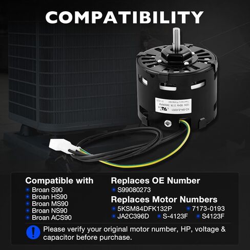S99080273 Fan Motor Compatible with Broan NuTone S90, HS90, MS90, NS90, ACS90, Bathroom Exhaust Fan Motor, 120V AC, 60Hz, 0.7A, 3450RPM, Replaces 5KSM84DFK132P in Kuwait