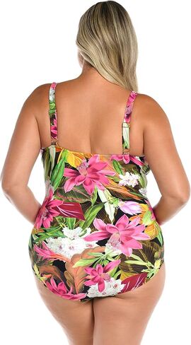 Maxine Of Hollywood Women's V-Neck Twist Front Shirred One Piece Swimsuit, Multi//Exotic Jungle, 24W in Kuwait