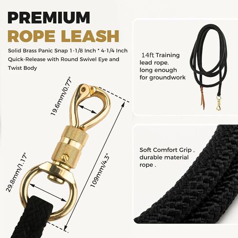 14 Feet Lead Ropes for Horses, Heavy Duty Horse Training Lead with Leather Popper End and Brass Swivel Snap, Soft Comfort Grip, Daily Horse Tack, 13/20" Diameter, Black in Kuwait