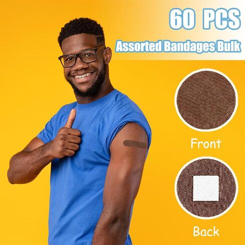 60 Pcs Brown Shade Adhesive Bandages, 4 Shapes Adhesive Flexible Bandages with Quilt-Aid Pad, Brown Bandaids Assorted Sizes for Wound Care and Protection in Kuwait