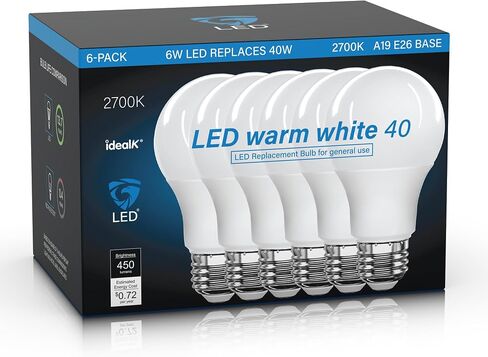 LED Light Bulbs 3000K Soft White, 40 Watt Equivalent 6W A19, 450LM E26 Standard Base, Non-Dimmable Soft White Bulbs for Kitchen Bathroom Home Office, 6-Pack in Kuwait