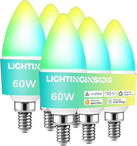 لمبة LED من Lightinginside Matter E12، مصابيح إضاءة ذكية 6 عبوات 60 وات، متوافقة مع Alexa/Apple Home/Google Home/SmartThings، مصابيح شموع RGBCW Candelabra، 2.4G WiFi، قائمة ETL، مطلوب محور in Kuwait