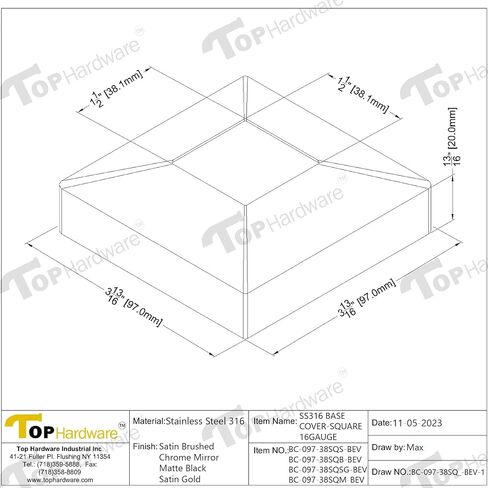 Stainless Steel 316 Grade Base Flange/Plate Cover for 1-1/2" x 1-1/2" Outside Dimension Post Fitting (Brush Finish (Square), 1-1/2" x 1-1/2" (Beveled)) in Kuwait