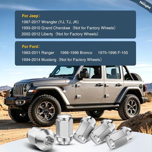 Nilight 24 قطعة 1/2-20 صواميل العروة متوافقة مع 1987-2017 Wrangler YJ TJ JK 1975-1996 F-150 1966-1996 Bronco 1983-2011 Ranger قطعة واحدة من صواميل عجلة ما بعد البيع من الفولاذ الكروم الصلب in Kuwait
