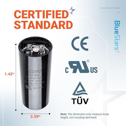 [الإصدار الأصلي] BlueStars 216-259 uF MFD 220-250 VAC 50/60 هرتز SC0080 CD60 جزء استبدال مكثف تشغيل المحرك الدائري - مناسب لتشغيل محرك التيار المتردد أو تشغيل المروحة ومكيف الهواء بمضخة حرارية باردة in Kuwait