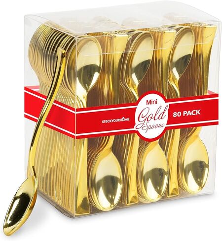 Gold Plastic Mini Spoons Disposable, 4 inch (80 Pack) Tasting Spoon, Dessert Mini spoon for Ice Cream Taster, Small Sample Desserts, Gelato Sampling, Fancy Miniature Pudding, Little Appetizers, Bulk in Kuwait