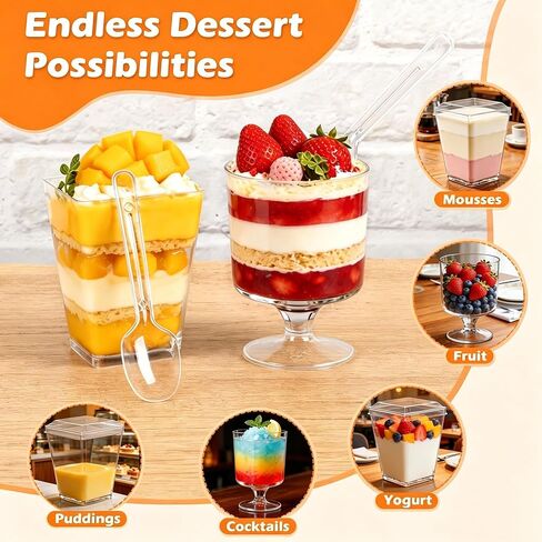 430 قطعة من أكواب الحلوى الشفافة التي يمكن التخلص منها بأغطية وملاعق سعة 5 أوقية | أكواب بارفيه، أكواب ميني شوتر، أكواب مربعة للمقبلات، لبودينج الزبادي والآيس كريم للحفلات in Kuwait