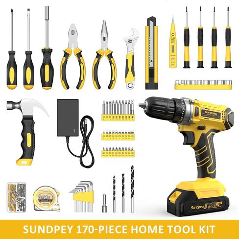 Sundpey Tool Kit with 21V Drill - 170-PCs Portable General Basic Home Repair Tool Set with Power Drill & 2.0Ah Battery & Charger & Tool Box for Homeowner Drilling DIY Projects House Repairs & Handyman in Saudi Arabia