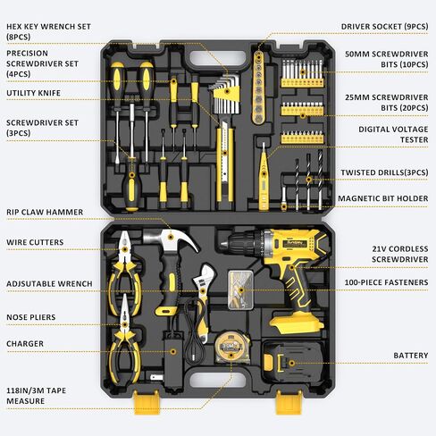 Sundpey Tool Kit with 21V Drill - 170-PCs Portable General Basic Home Repair Tool Set with Power Drill & 2.0Ah Battery & Charger & Tool Box for Homeowner Drilling DIY Projects House Repairs & Handyman in Saudi Arabia