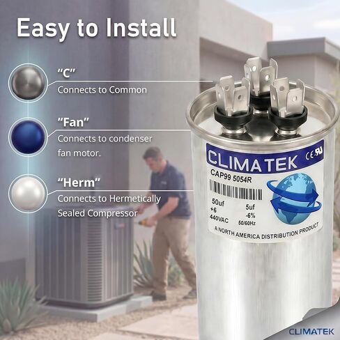 مكثف دائري ClimaTek يحل محل Janitrol # CAP050500440CT | 50/5 فائق التوهج MFD، 370/440 فولت تيار متردد، تشغيل مزدوج in Kuwait