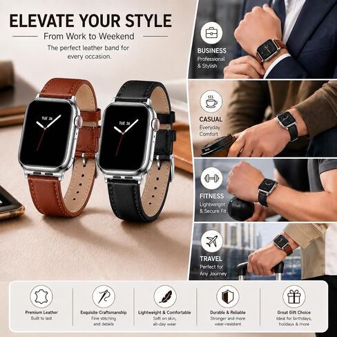 عبوتان من الأربطة الجلدية المتوافقة مع ساعة Apple Watch 49mm Ultra، 46mm، 45mm، 44mm، 42mm (السلسلة 3 2 1) للرجال والنساء، حزام بديل من الجلد الطبيعي، أحزمة ساعة بني وأسود متوافقة مع Apple Watch Ultra 3 2 1، السلسلة 11 10 9 8 7 6 5 4 in Kuwait