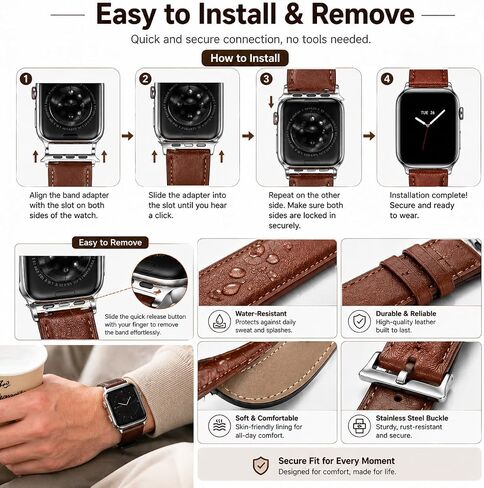 عبوتان من الأربطة الجلدية المتوافقة مع ساعة Apple Watch 49mm Ultra، 46mm، 45mm، 44mm، 42mm (السلسلة 3 2 1) للرجال والنساء، حزام بديل من الجلد الطبيعي، أحزمة ساعة بني وأسود متوافقة مع Apple Watch Ultra 3 2 1، السلسلة 11 10 9 8 7 6 5 4 in Kuwait