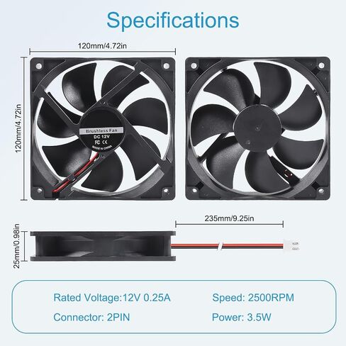 2PCS 120mm Computer Fan 12V Case Cooling Fan 2 Pin for Receiver Amplifier Computer Case Cooler Component Cooling, 120 x 25mm in Kuwait
