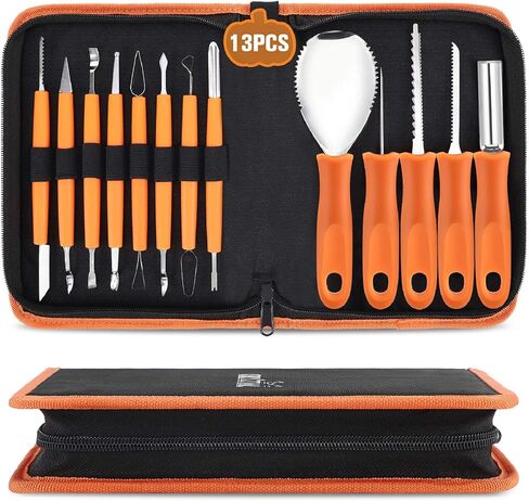 CHRYZTAL Pumpkin Carving Kit Tools Halloween, 13PCS Professional Heavy Duty Carving Set, Stainless Steel Double-side Sculpting Tool Carving Kit for Halloween Decoration Jack-O-Lanterns in Kuwait