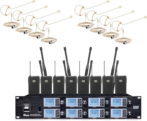 Professional 8 Channel UHF Wireless Micro Earset Headset Headworn Microphone System 8 Earset Mics Belt Packs Transmitters Adjustable Frequency for Theatre Stage Performance in Kuwait