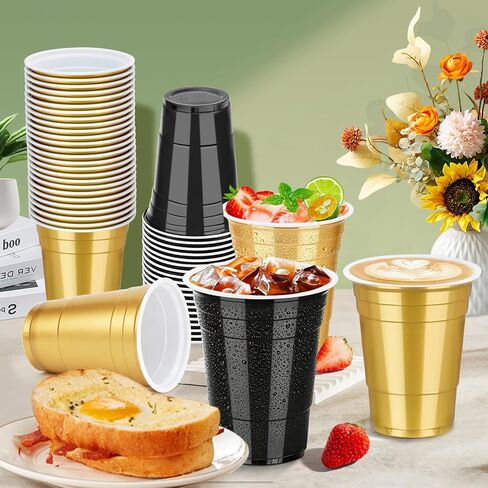 100 Pack 16 oz Black and Gold Cups, Heavy Duty Plastic Cups for Party Graduation Birthday, Disposable Cups for Christmas Halloween Wedding Picnic Serving and Celebrations in Kuwait