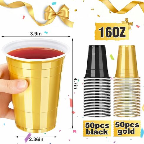 100 Pack 16 oz Black and Gold Cups, Heavy Duty Plastic Cups for Party Graduation Birthday, Disposable Cups for Christmas Halloween Wedding Picnic Serving and Celebrations in Kuwait