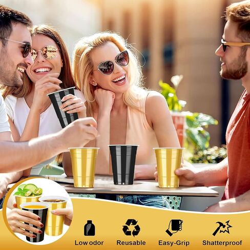 100 Pack 16 oz Black and Gold Cups, Heavy Duty Plastic Cups for Party Graduation Birthday, Disposable Cups for Christmas Halloween Wedding Picnic Serving and Celebrations in Kuwait