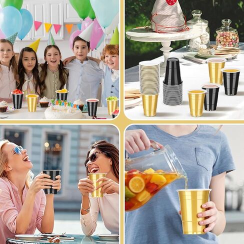 100 Pack 16 oz Black and Gold Cups, Heavy Duty Plastic Cups for Party Graduation Birthday, Disposable Cups for Christmas Halloween Wedding Picnic Serving and Celebrations in Kuwait