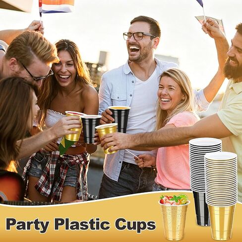 100 Pack 16 oz Black and Gold Cups, Heavy Duty Plastic Cups for Party Graduation Birthday, Disposable Cups for Christmas Halloween Wedding Picnic Serving and Celebrations in Kuwait