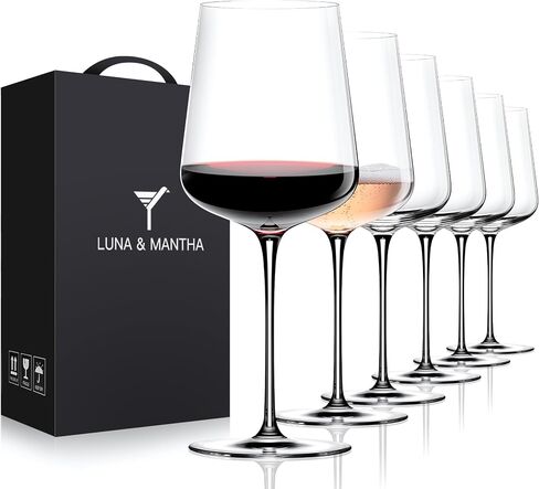 مجموعة كؤوس النبيذ LUNA & MANTHA مكونة من 4 كؤوس نبيذ باللون الأحمر والأبيض الكريستالي سعة 15 أونصة مع جذع، هدية مثالية للمجموعة أو التحميص في حفلات الزفاف أو أعياد الميلاد in Kuwait