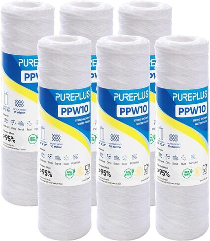 PUREPLUS 20 Micron 10"x2.5" Whole House String Wound Sediment Filter for Well Water, Replacement Cartridge for Universal 10 inch RO System, WP-5, Aqua-Pure AP110, CFS110, Culligan P5,WFPFC4002, 6Pack in Kuwait