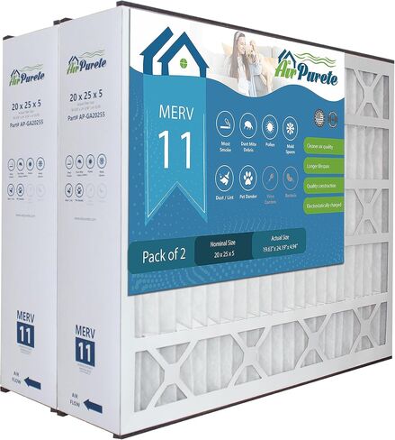 فلتر هواء AirPurete 20x25x5 MERV 11، بديل لـ GeneralAire 4551، Trion 259112-102، MAC 2000 والمزيد، مرشحات فرن HVAC AC مطوية (الحجم الفعلي: 19 5/8 بوصة × 24 3/16 بوصة × 4 15/16 بوصة) | عبوتان in Kuwait