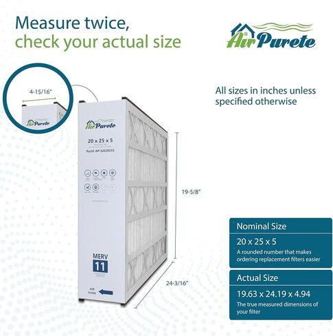 فلتر هواء AirPurete 20x25x5 MERV 11، بديل لـ GeneralAire 4551، Trion 259112-102، MAC 2000 والمزيد، مرشحات فرن HVAC AC مطوية (الحجم الفعلي: 19 5/8 بوصة × 24 3/16 بوصة × 4 15/16 بوصة) | عبوتان in Kuwait