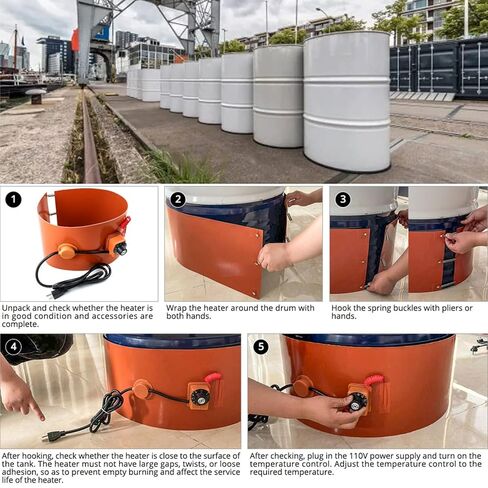 Heavy Duty 55 Gallon Metal Drum Heater - 110V/220V Adjustable Silicone Pad Band Heater for 200L Barrels & Pails, Efficient Temperature Control, Fast Heating Solution in Kuwait