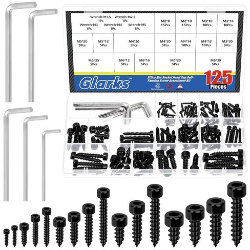 Glarks 125 قطعة M2/M3/M4/M5/M6 مجموعة براغي ذات غطاء رأس سداسي أسود، 120 قطعة 16 مقاسًا لغطاء رأس مقبس سداسي مسامير خشبية، 5 قطع 5 أحجام مفتاح سداسي لنجارة البناء in Kuwait