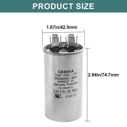 10 uF 10 MFD 370 VAC Dual Run Oval Start Capacitor - 97F9002, 97F9002s for AC Unit Fan Motor Start, Heat Pump, Condenser Straight Cool. Compatible with Old GE# 97F9002BZ3, Z97F9002, 27L669 in Kuwait