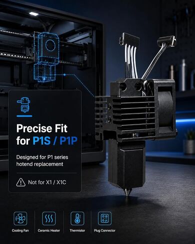 مجموعة كاملة P1S Hotend 0.4 مم لطابعة Bambu Lab P1S/P1P ثلاثية الأبعاد | فوهة MPVD مطلية بطبقة مضادة للالتصاق مع سخان سيراميك وثرمستور ومروحة تبريد لطابعات Bambu Lab P1S/P1P in Kuwait