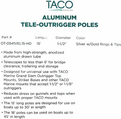 Pair Taco Aluminum Tele-Outrigger Poles 1-1/2" x 15' Silver/Gold OT-0541VEL15-HD in Kuwait