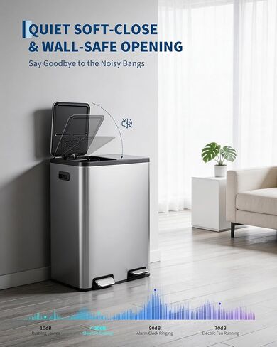Garvee 16 Gallon Dual Compartment Trash Can for Kitchen, 2x30L Commercial Recycling Bin with Soft-Close Lids & Pedals, Stainless Steel Garbage Can with Removable Inner Buckets for Restaurant Garage in Kuwait