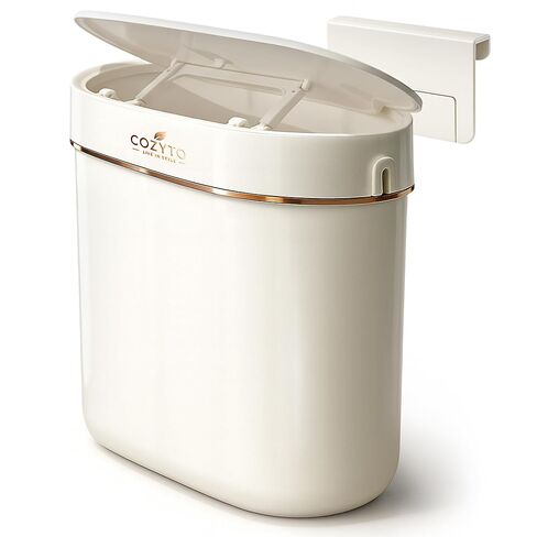 COZYTO EcoToss Exo Wall-Mounted Trash Can – White Pearl, Dual-Lid Slim Bin with No-Drill Mounting, Odor-Control Lid for Kitchen, Bathroom, RV, Small Spaces, 9.4L in Kuwait