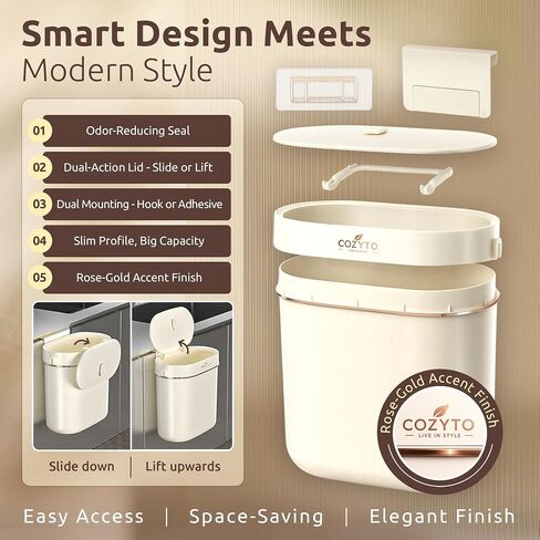 COZYTO EcoToss Exo Wall-Mounted Trash Can – White Pearl, Dual-Lid Slim Bin with No-Drill Mounting, Odor-Control Lid for Kitchen, Bathroom, RV, Small Spaces, 9.4L in Kuwait