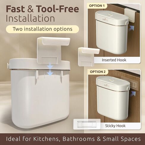 COZYTO EcoToss Exo Wall-Mounted Trash Can – White Pearl, Dual-Lid Slim Bin with No-Drill Mounting, Odor-Control Lid for Kitchen, Bathroom, RV, Small Spaces, 9.4L in Kuwait