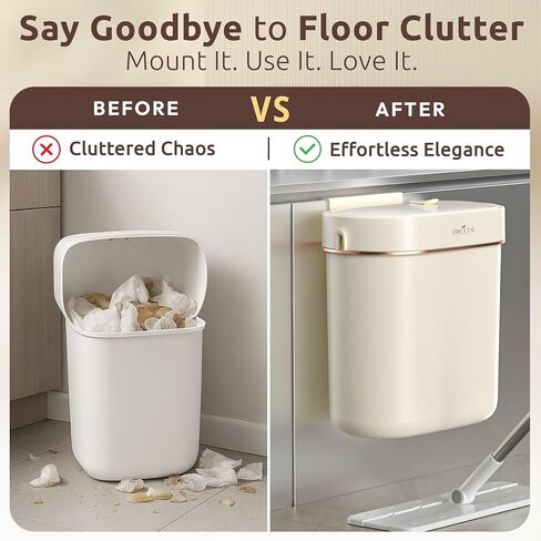 COZYTO EcoToss Exo Wall-Mounted Trash Can – White Pearl, Dual-Lid Slim Bin with No-Drill Mounting, Odor-Control Lid for Kitchen, Bathroom, RV, Small Spaces, 9.4L in Kuwait