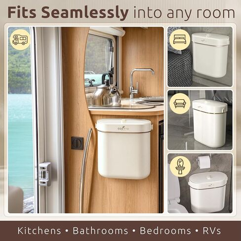 COZYTO EcoToss Exo Wall-Mounted Trash Can – White Pearl, Dual-Lid Slim Bin with No-Drill Mounting, Odor-Control Lid for Kitchen, Bathroom, RV, Small Spaces, 9.4L in Kuwait