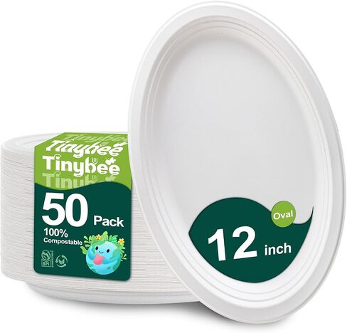 Tinybee 100% Compostable Oval Paper Plates 12 Inch [50-Pack] Heavy Duty Large Paper Plates, Biodegradable Bagasse Platters, Eco-Friendly Dinner Plate for BBQ/Picnic/Party (BPI Certified,Microwaveable) in Kuwait