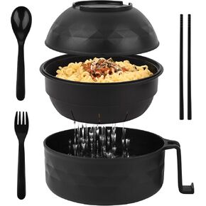 HUAKENER Microwave Ramen Bowl, 38 oz Microwave Ramen Bowl with Lid, Ramen Noodles Bowl with Spoon Chopsticks Fork (Black) in Kuwait