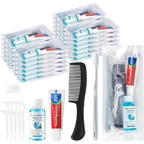 Travel Toothbrush Kit Bulk, Hygiene Kit Bulk with Toothbrush Toothpaste Set, Floss Picks, Comb, Travel Mouthwash, Toothbrush Cover, Individually Packaged, for Travel, Hotels (4-Pack) in Saudi Arabia