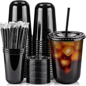 [50 Sets - 16oz Round Bottom Black Plastic Cups with Lids and Straws, Disposable Iced Coffee Cups with Lids To Go Cold Drink Cups for Smoothies, Juices, Party Catering in Kuwait