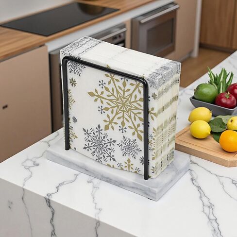 Marble & Black Metal Upright Napkin Holder for Table (White) | Modern Cocktail Napkin Holder, White Marble Decor, Upright Storage for Dining Room, Bar, Hotel & Party Countertops in Kuwait