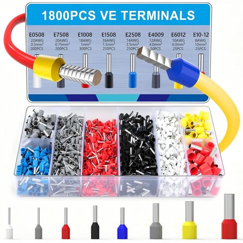مجموعة أطراف الطويق 1800 قطعة من Newdeli AWG 22-8 موصلات الطويق السلكية مع أطراف نهاية الحبل المعزولة AWG 22-8 للأسلاك الكهربائية الصناعية ولوحات التحكم والإلكترونيات التي تصنعها بنفسك in Kuwait