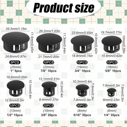 135 Pcs 8 Sizes Plastic Hole Plugs, Nylon Hole Cover 1/4" 5/16" 3/8" 1/2" 5/8" 3/4" 7/8" 1" Plastic Plug for Round Holes Flush Type Panel Knockout, Furniture Cabinet Insert End Covers Caps Black in Kuwait