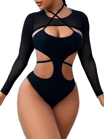 WDIRARA Women's 2 Piece Swimsuit Cut Out Halter One Piece with Long Sleeve Cover Up in Kuwait